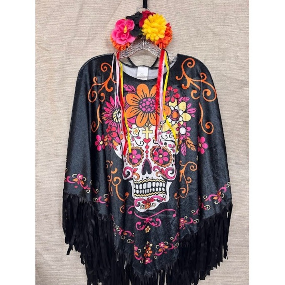 Fun World Day of the Dead Sugar Skull Poncho and Floral Headband Set One Size
